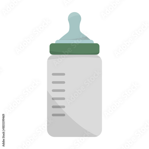 Baby bottle container. Feeding milk measure. Clear plastic Vector. Child care accessory.