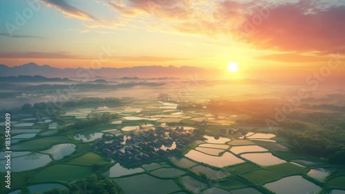 Aerial view of lush green rice paddies and a small village shrouded in morning mist during a vibrant orange and yellow sunrise over distant mountains 4k video