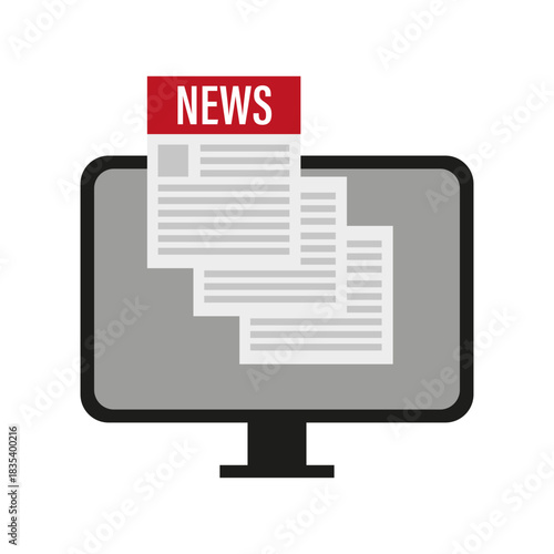News monitor icon. Digital news display. Red news banner. Gray screen background.