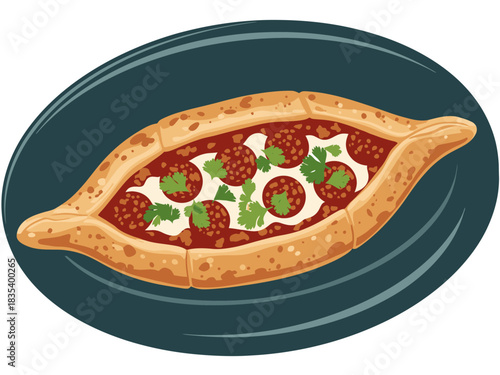 A golden-brown, boat-shaped flatbread overflows with spicy sausage slices, pockets of melted white cheese, and fresh green herbs, resting elegantly on a dark teal oval platter in this illustration