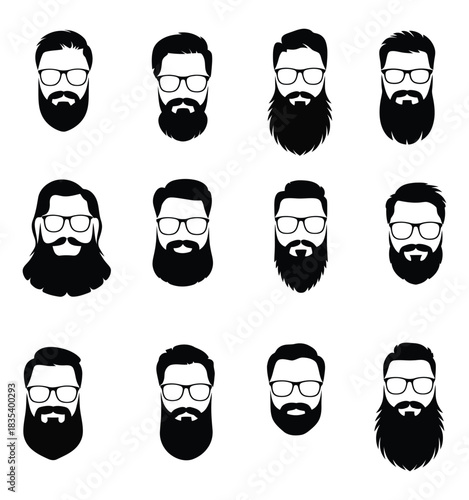 Twelve hipster bearded men silhouettes, including diverse glasses, hair, and beard styles, vector artwork suitable for branding, posters, digital design