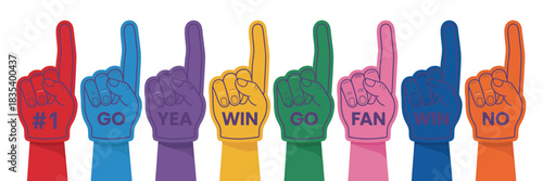 Colorful Foam Finger Fan Icons Illustrated as Number One Hand Gestures for Cheering, Team Spirit, Winning Celebration, and Crowd Energy Presented as Bold Vector Elements for Sports Graphics