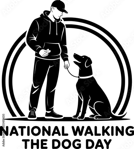 Man in hoodie and cap with dog on leash inside black arcs walking