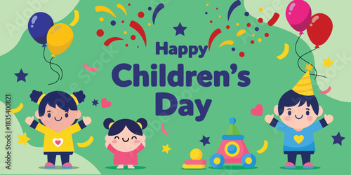 Flat cartoon banner for Happy Children’s Day featuring diverse kids, colorful balloons, confetti, and toys on a vibrant green background. Perfect for global holiday promotions and celebration graphics
