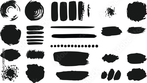Collection of Black Ink Brush Strokes Splatters and Lines Isolated on Transparent Background