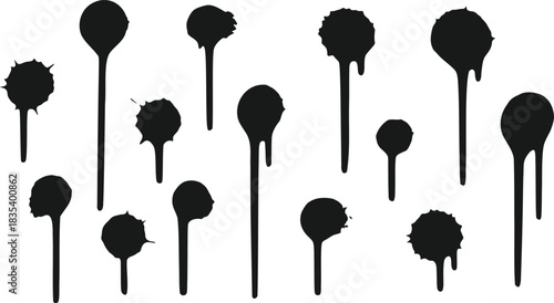 Collection of Black Paint Splatter Blob Drips and Circles Isolated on Transparent Background