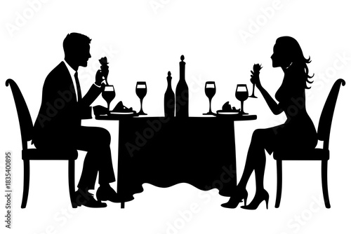 Couple on romantic dinner silhouette vector illustration isolated on white background