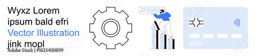 Business strategy, digital marketing, fintech, analytics, payment systems, problem-solving. A gear, chart with person and credit card are visible. Business strategy and digital marketing