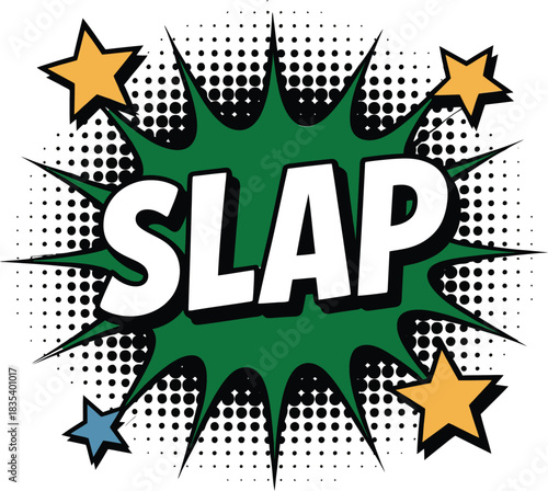 Green comic book explosion speech bubble with S L A P text and stars slap