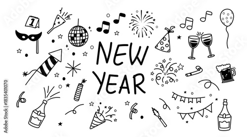 new year doodle element icon cute party confetti firework