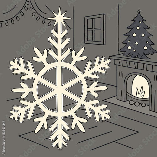 Cozy christmas scene with a large snowflake ornament in the foreground and a decorated tree by the fireplace