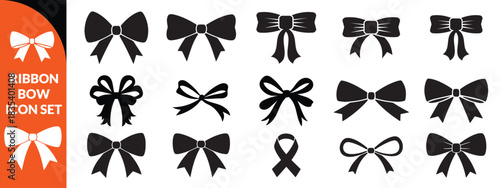 Ribbon bow icon set, vector coquettish cute knot, romantic love doodle vintage accessory collection. Holiday gift decoration silhouette, birthday elegant design element. Feminine Valentine ribbon set 