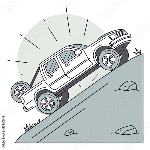 White pickup truck driving up a steep rocky hill with grass and a sunburst graphic