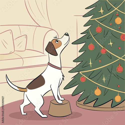 Curious jack russell terrier dog standing on a stool gazing up at a decorated christmas tree indoors