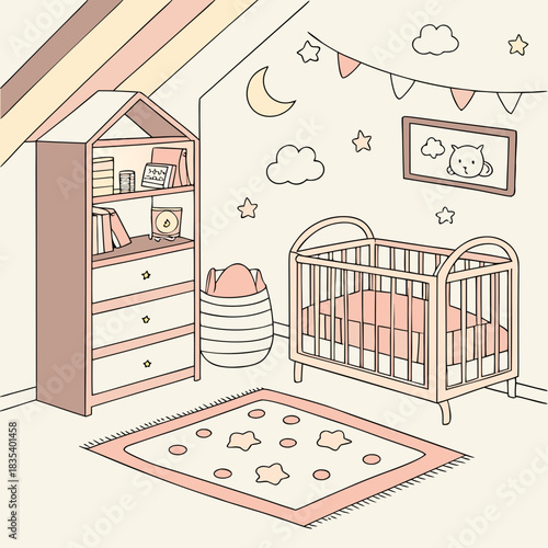 Cozy nursery room interior with crib bookshelf rug and whimsical decorations for a baby