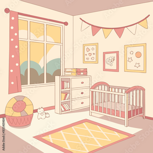 Cozy nursery room with crib bookshelf window rug and toys in soft pastel colors