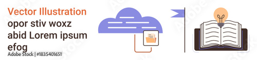 Education, cloud storage, digital learning, file sharing, data access, creativity. Cloud with file icon, book with light bulb. Education and cloud storage for digital accessibility