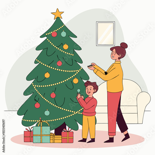 Mother and son happily decorating a christmas tree with ornaments and presents underneath in a cozy living room setting