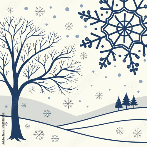 Stylized winter landscape with a bare tree rolling hills and falling snowflakes against a cream background