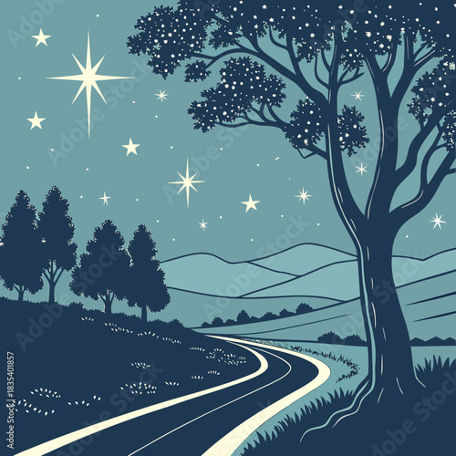 Stylized night landscape with a winding road under a starry sky and silhouetted trees
