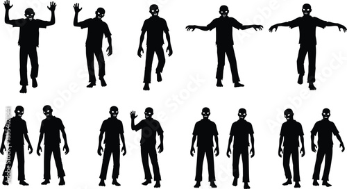 Scary zombie silhouettes set, walking undead monster vector collection, Halloween horror character illustration isolated on white background, creepy art