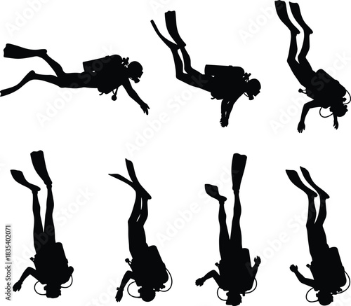 Scuba diver silhouette, underwater pose, diving gear, fins and tank, ocean activity, swimming motion, black figure, vector art, marine exploration, sport theme