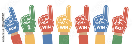 Colorful Foam Finger Hand Illustration Featuring Number One Fan Gesture and Sports Cheering Symbol Presented as Fun Victory Celebration Artwork for Supporter Graphics