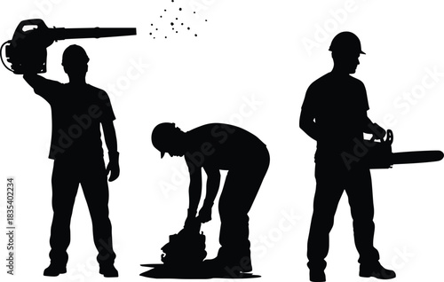 Set of black silhouettes showing workers using power tools, including a leaf blower, starting a trimmer, and operating a chainsaw, representing forestry, landscaping, gardening