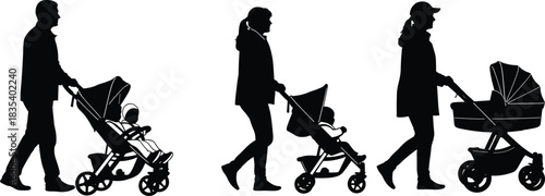 Set of black silhouettes showing parents walking and pushing baby strollers isolated on a white background vector illustration.