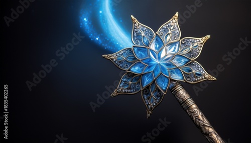 a stunning ethereal blue wand crafted with intricate details and shimmering effects perfect for fantasy themes and creative projects