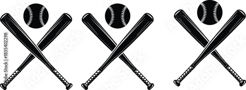Set of black vector silhouettes featuring crossed baseball bats and a ball, classic sports logo illustration ideal for baseball league, softball team, athletic club, or equipment design branding