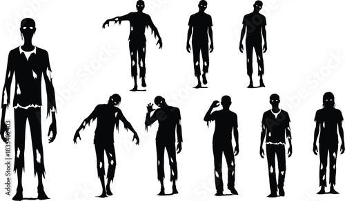 Set of eight terrifying black zombie silhouettes in tattered, ripped clothing and grotesque poses, undead monster characters for horror, Halloween, and apocalyptic theme, isolated vector