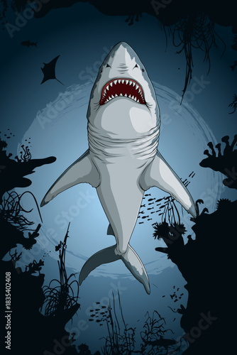 Hand-Drawn Comic Style Dangerous Shark Illustration, Deadly shark rising from the deep on Ocean Background