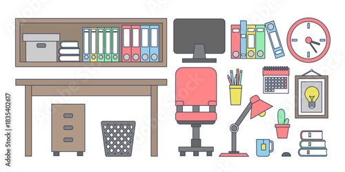 office furniture and objects outline colorful  icons set  vector illustration 