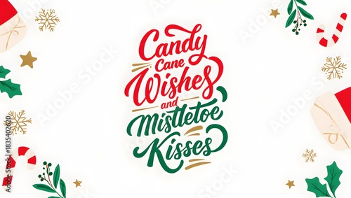 vector illustration of the Christmas quote ‘Candy Cane Wishes and Mistletoe Kisses’ in a stylish, festive typography layout.
