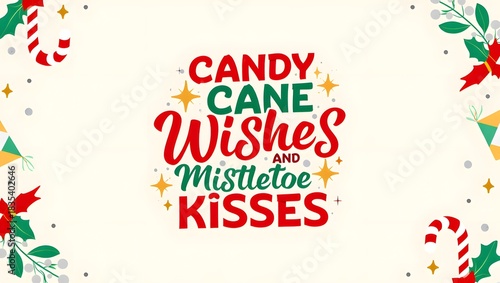 vector illustration of the Christmas quote ‘Candy Cane Wishes and Mistletoe Kisses’ in a stylish, festive typography layout.