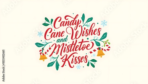  festive Christmas typography illustration featuring the quote ‘Candy Cane Wishes and Mistletoe Kisses’ .
