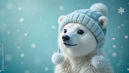 cute white polar bear close up wearing knitted hat on blue winter background with snowflakes