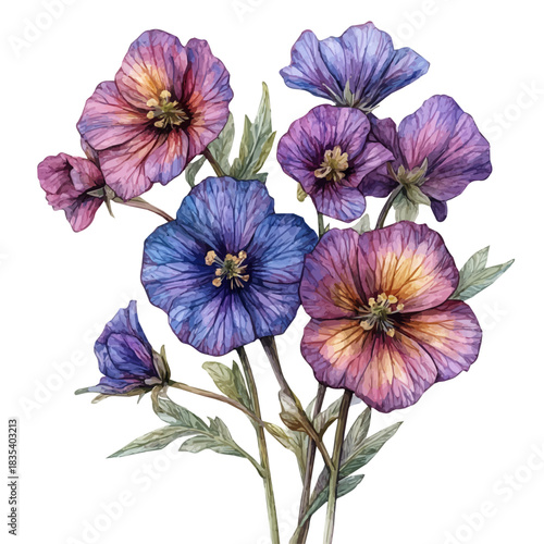 Salpiglossis Flower, watercolor illustration featuring soft shadows and luminous, isolated on a white background.