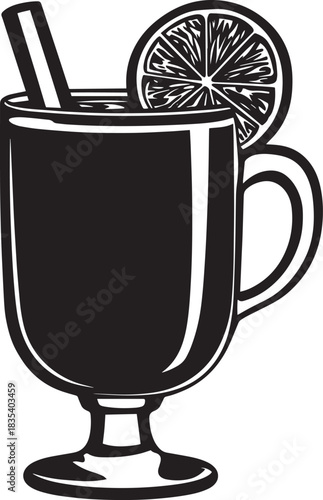 A black and white illustration of a mug of mulled wine with a slice of lemon and a straw.