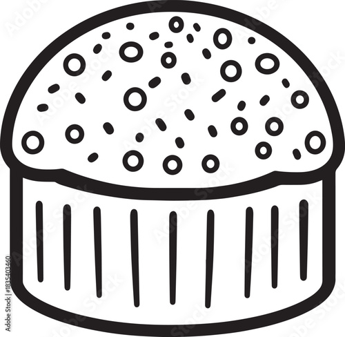 A black and white illustration of a muffin with a textured top and a white background.
