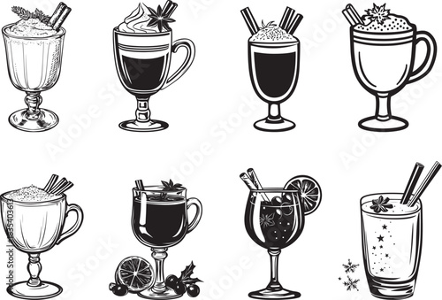 A collection of eight black and white illustrations of various types of glasses, each containing a different type of drink.