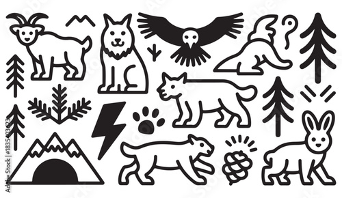 Outdoor-themed icon set of woodland creatures, natural elements, and mountainous terrain shapes.