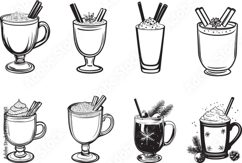 Set of eight hand-drawn Christmas drinks in vintage style, including hot cocoa, eggnog, and mulled wine.