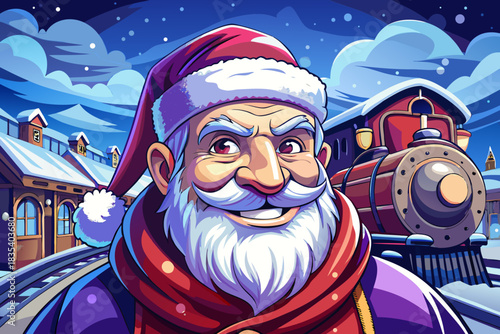 Santa appears at an old snowy train station as steam from the locomotive rises behind him, creating a nostalgic and cinematic Christmas moment
