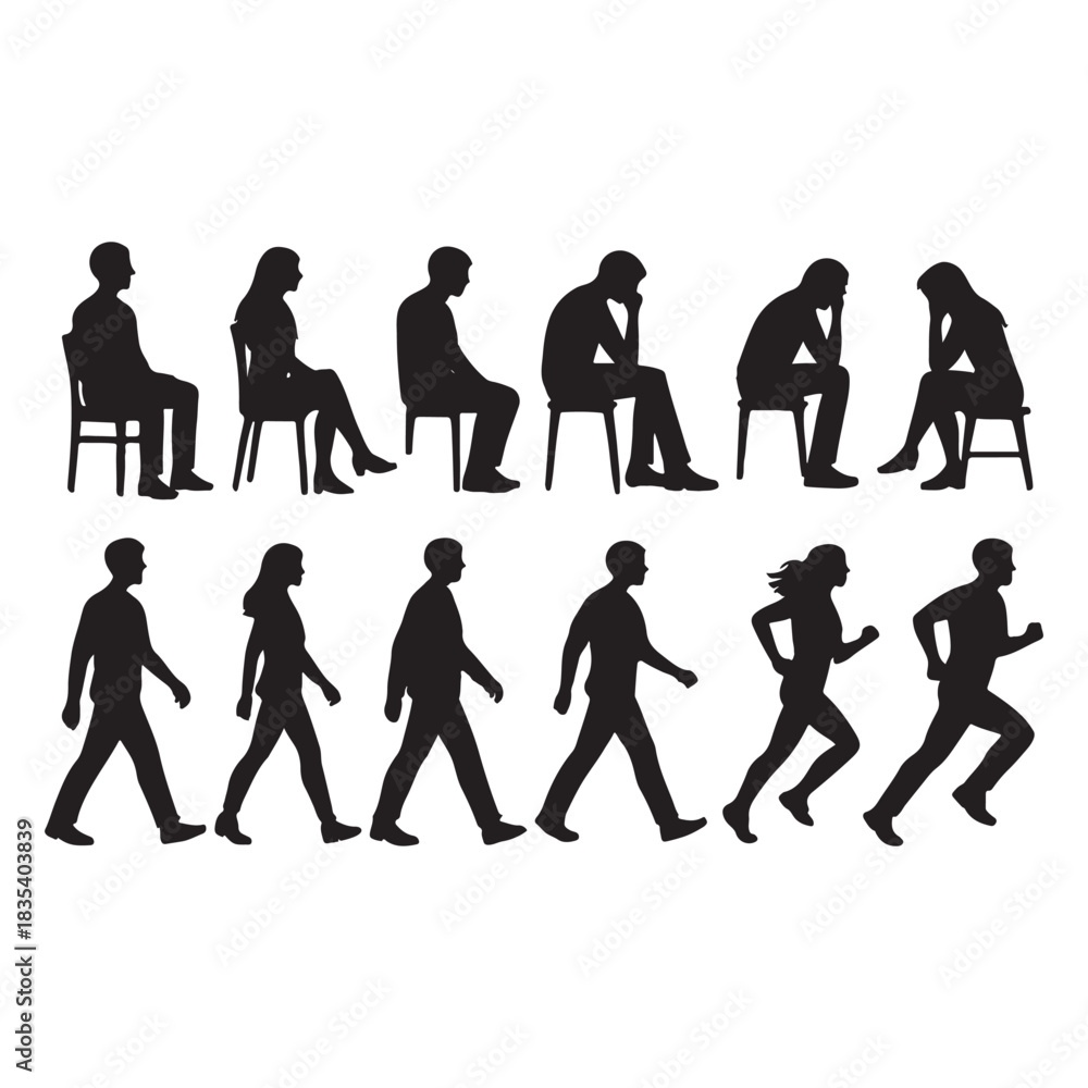 Fototapeta premium Sitting, walking, running people vector silhouette