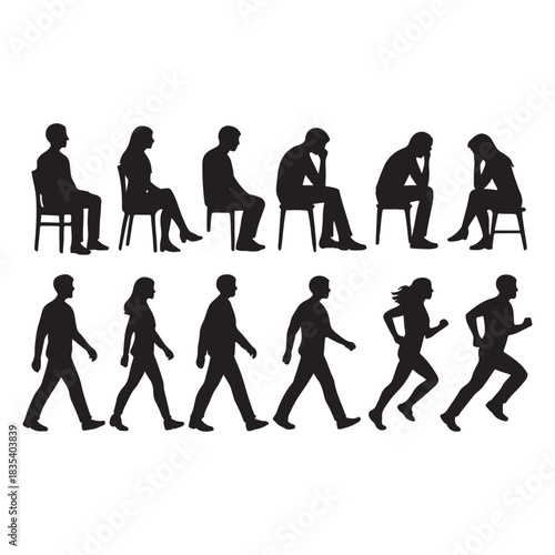 Sitting, walking, running people vector silhouette