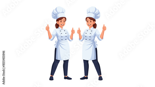 Two professional female chefs giving enthusiastic thumbs up approval for excellent culinary results