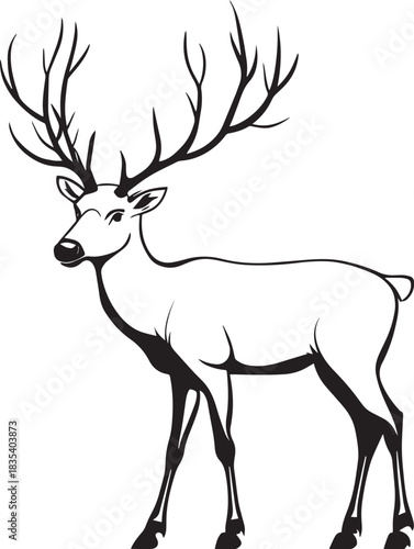 A black and white illustration of a deer with large antlers, standing in a white background.