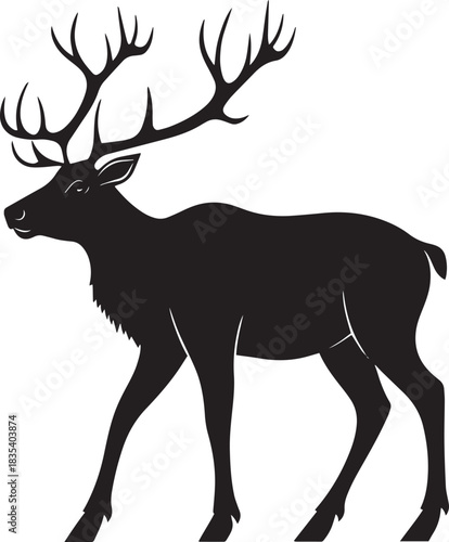A black and white silhouette of a deer on a white background.